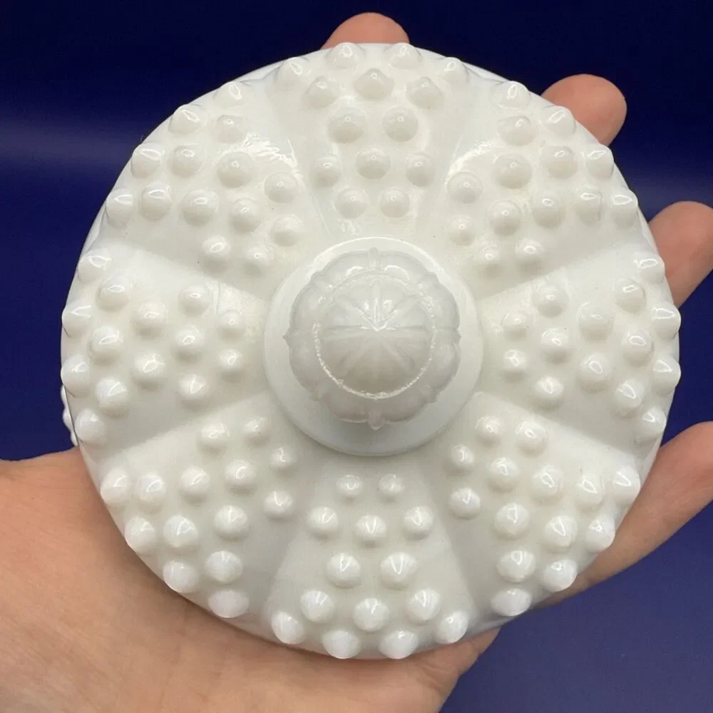 Vintage Fenton White Hobnail Milk Glass Candy Dish w/ Handle and Lid Grandma